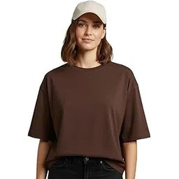 leotude Women Solid Brown Oversized T-Shirt Material Cotton Blend-picture-12
