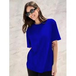 leotude Women Solid Round Neck Cotton Blend Blue T-Shirt-picture-30