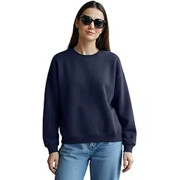 leotude Women's Full Sleeve Round Neck Loopknit Loose Fit Solid Sweatshirt for Women (Colour Navy)-picture-34