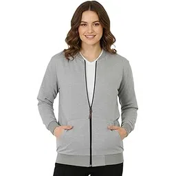 leotude Women's Loopknit Drop Shoulder Loose Fit Bomber Jacket with Zipper Closure and Side Pockets (Colour: Grey)-picture-34
