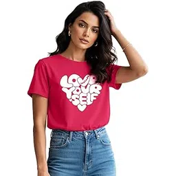 leotude Women’s Pink Graphic Printed T-Shirt “Love Yourself” Typography Design Soft Cotton Regular Fit Tee Casual Wear for Girls & Women (Color:Pink)-picture-11