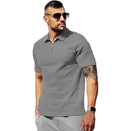 Men's Polo Collor Zipper Neck Regular Fit Cottonblend Half Sleeve Solid Tshirts (Colour: Grey)-image-9