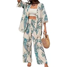 Women'S Printed Co-Ord Set | Rayon Fabric | Short Sleeve Shirt & Wide-Leg Pant | Stylish Casual Outfit (LF-W2308&TR1226-M-BLUE)-image-36