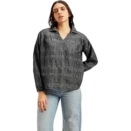 levi's Women's Abstract Charcoal-Grey Spread Collar Top-picture-25