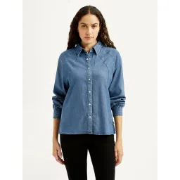 levi's Women's Solid Blue Spread Collar Denim Shirt-picture-28