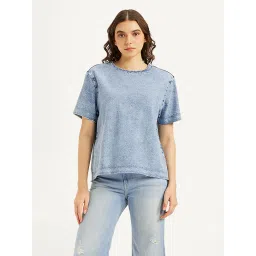 levi's Women's Solid Light Blue Round Neck Denim Top-picture-37