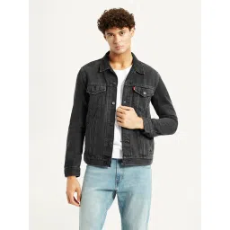 Men's Solid Black Denim Trucker Jacket-image-27