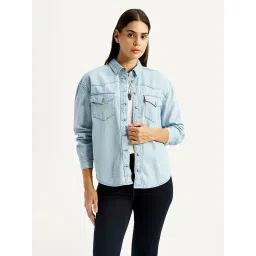 Women's Solid Light Blue Spread Collar Denim Shirt-image-11