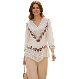 libaas india Women’s Boho Embroidered V-Neck Top | Stylish Lace Hem A-Line Casual Tunic | Trendy Ethnic Floral Design 3/4 Sleeve Rayon Top for Women (in, Alpha, XL, Off White)-picture-34