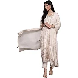 libas Beige Woven Design Silk Blend Straight Kurta With Trousers & Dupatta-picture-13
