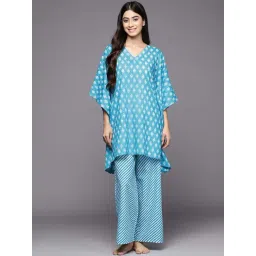 Libas Blue Cotton Printed Kaftan Pyjamas Set-picture-23