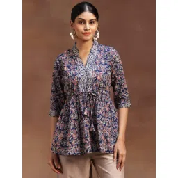 Libas Blue Cotton Straight Fit Floral Print Kurti-picture-45