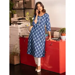 Libas Blue Cotton Straight Fit Printed Kurta-image-12