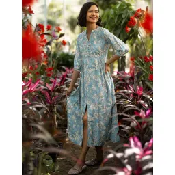 Libas Blue Floral Printed A-line Dress with Front Slit and Pocket-picture-28