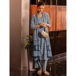 Libas Blue Floral Printed Panelled V-Neck Straight Kurta With Trouser And Dupatta-image-18