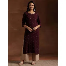 Libas Burgundy Ethnic Motif Woven Design Straight Kurta with Pocket-image-14