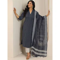 Libas Chevron Woven Design V Neck Straight Kurta With Trousers & Dupatta-picture-34