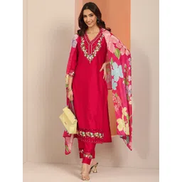 Libas Ethnic Motifs Embroidered V-Neck Thread Work Kurta With Trousers & Dupatta-image-28