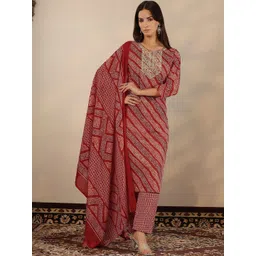 Libas Ethnic Motifs Printed Round Neck Thread Work Straight Kurta With Trousers & Dupatta-picture-17