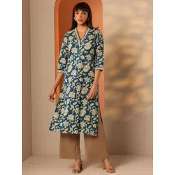 Libas Floral Printed Mandarin Collar Straight Thread Work Pure Cotton Kurta-image-31