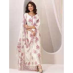 Libas Floral Printed Notch Neck Chanderi Silk Kurta With Trousers And Dupatta-image-16