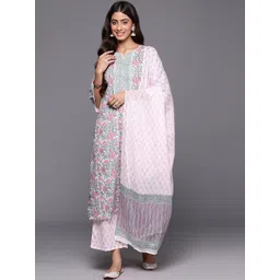 Libas Floral Printed Notch Neck Cotton Straight Kurta With Palazzos & Dupatta-image-15