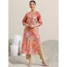 Libas Floral Printed Notch Neck Puffed Sleeves Pure Silk Straight Kurta-image-19
