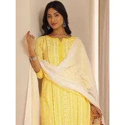 Libas Floral Printed Notch-Neck Straight Kurta With Trousers And Dupatta-image-5