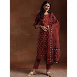 Libas Floral Printed Notch Neck Straight Kurta With Trousers And Dupatta-image-8