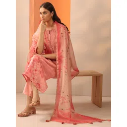 Libas Floral Printed Notch-Neck Straight Kurta With Trousers And Dupatta-image-10