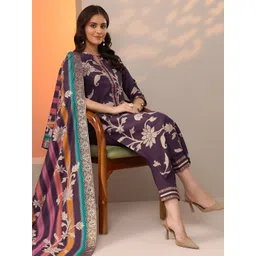 Libas Floral Printed Notch-Neck Thread Work Straight Kurta & Trousers With Dupatta-image-18
