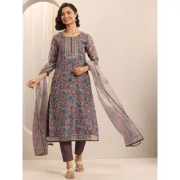 Libas Floral Printed Round Neck Mirror Work Straight Kurta With Trousers & Dupatta-picture-17