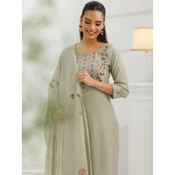 Libas Floral Printed Round Neck Straight Thread Work Kurta With Trousers & Dupatta-picture-12