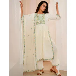 Libas Floral Yoke Design Pleated Thread Work Pure Cotton Kurta With Palazzos & Dupatta-picture-21