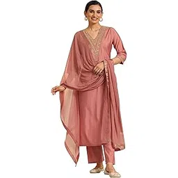 libas Gerua Womens Solid Silk Blend Straight Kurta With Trousers and Dupatta-picture-33