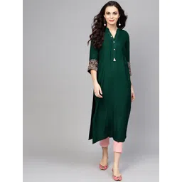 Libas Green Mandarin Collar Viscose Straight Kurta With Embroidered Sleeves-picture-13