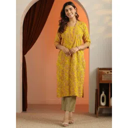Libas Mustard Cotton Straight Fit Floral Print Kurta-picture-29