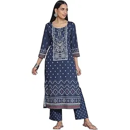libas Navy Blue Printed Poly Crepe Straight Kurta with Trousers-picture-36