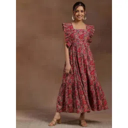 Libas Pink Cotton Fit And Flare Floral Print Dress-picture-34