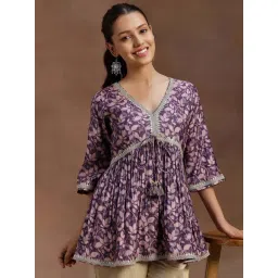 Libas Purple Floral Printed Pleated A-line Kurti with Tassels and Zari Detail-picture-10