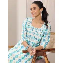 Libas White & Blue Ethnic Motifs Printed Mirror Work Round Neck Straight Kurta-image-21