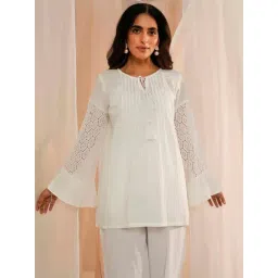 Libas White Cotton Embroidered A Line Short Kurti-image-37
