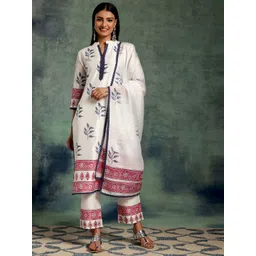 Libas White Floral Printed Gotta Patti Straight Kurta With Trousers & Dupatta-image-34