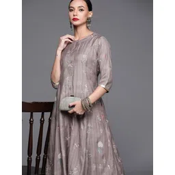 Libas Women Grey & Golden Floral Motifs Printed A-line Kurta with Pocket-picture-14