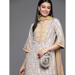 Libas Women Grey & Mustard Yellow Paisley Printed Straight Kurta with Trousers Dupatta-picture-20