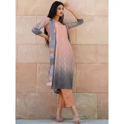 Libas Women Peach-Coloured Floral Yoke Design Thread Work Kurta with Trousers & With Dupatta-picture-34