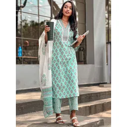 Libas Women Sea Green & White Floral Printed Cotton Straifht Kurta with Palazzos Dupatta-picture-42