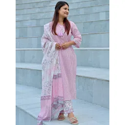 Libas Women Striped Regular Pure Cotton Kurta with Trousers & With Dupatta-picture-18