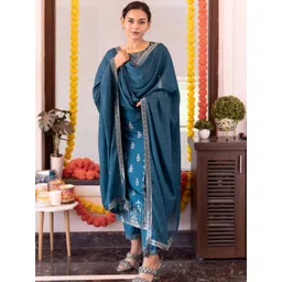 Libas Women Teal Blue & Gold Ethnic Motifs Zari Straight Kurta with Trousers Dupatta-image-22