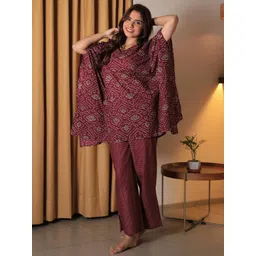 Libas Women Wine bandhani printed kaftan And printed pyjamas Night Suit-picture-13